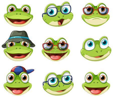 Téléchargez les illustrations : Collection de visages de grenouilles en dessin animé Illustration de style - en licence libre de droit