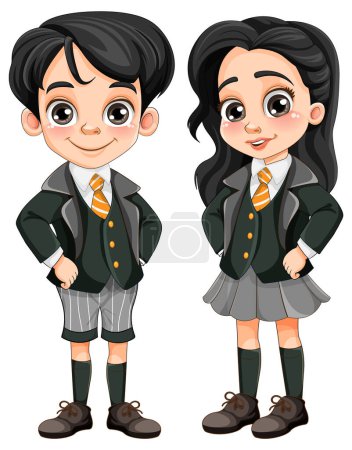 Téléchargez les illustrations : Asiatique garçon et fille étudiant dans école uniforme illustration - en licence libre de droit