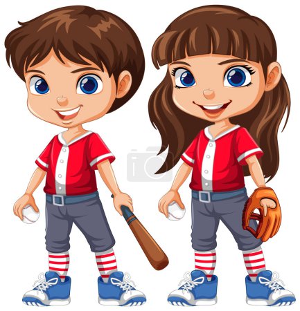 Ilustración de Niño y niña jugador de béisbol dibujo animado personaje ilustración - Imagen libre de derechos