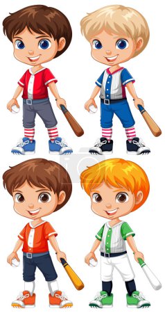 Téléchargez les illustrations : Ensemble de personnage de dessin animé garçon joueur de baseball mignon avec illustration de couleur de cheveux diffus - en licence libre de droit
