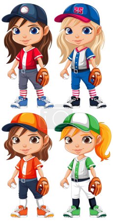 Téléchargez les illustrations : Ensemble de fille de sport dessin animé personnage baseball illustration - en licence libre de droit
