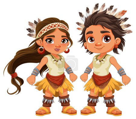 Ilustración de Ilustración de personajes de dibujos animados de pareja nativa americana - Imagen libre de derechos
