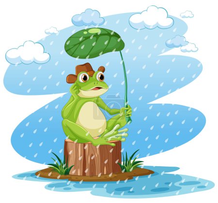 Ilustración de Ilustración de paraguas de hoja de retención de personaje de dibujos animados de rana verde - Imagen libre de derechos