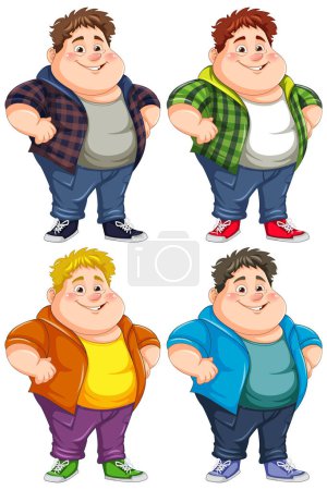Téléchargez les illustrations : Happy chubby garçon dessin animé en différentes couleurs de cheveux illustration - en licence libre de droit