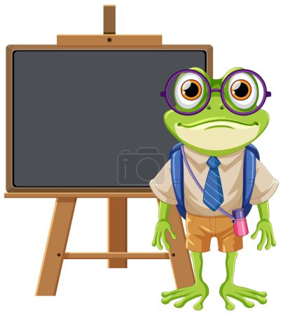 Téléchargez les illustrations : Personnage de bande dessinée de grenouille étudiante avec illustration de planche vide - en licence libre de droit
