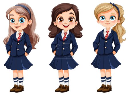 Cute girl in different races student in uniform set illustration