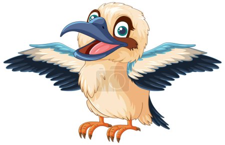 Illustration for A cartoon illustration of a smiling Kookaburra native to Australia, standing with its wings wide open, isolated on a white background illustration - Royalty Free Image