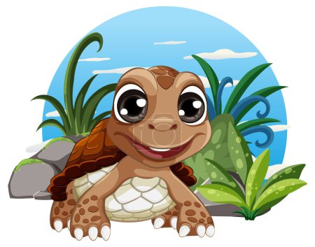 Téléchargez les illustrations : Une joyeuse tortue caricaturale se tient près des plantes et des rochers dans un environnement naturel illustration - en licence libre de droit