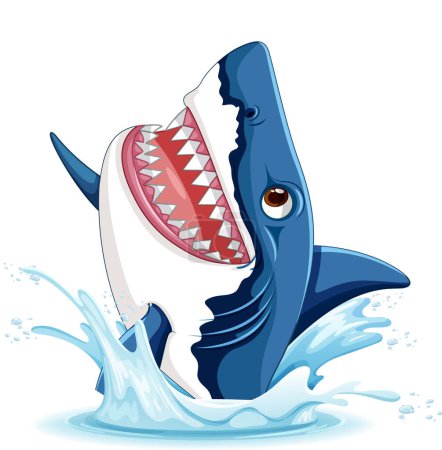 Téléchargez les illustrations : Une illustration de dessin animé d'un grand requin blanc avec de grandes dents, bondissant hors de l'eau avec une illustration sourire - en licence libre de droit