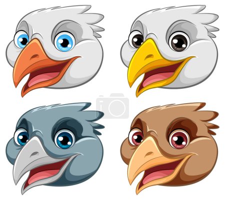Illustration for A vector cartoon illustration of a set of bird heads with different emotions illustration - Royalty Free Image