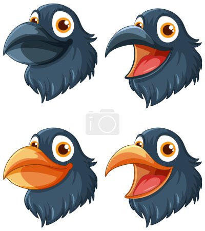 Téléchargez les illustrations : Illustration vectorielle d'une tête de corbeau aux émotions différentes, isolée sur fond blanc - en licence libre de droit