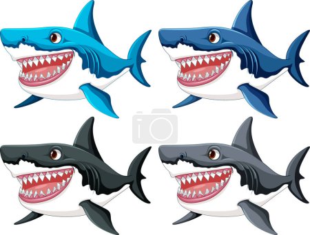 Téléchargez les illustrations : Une illustration de dessin animé d'un grand requin blanc avec de grandes dents, nageant dans différentes couleurs illustration - en licence libre de droit