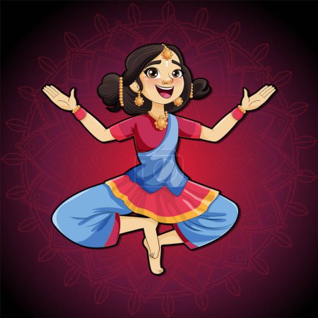Ilustración de Personajes de dibujos animados indios en traje cultural tradicional con ilustración de fondo de mandala - Imagen libre de derechos