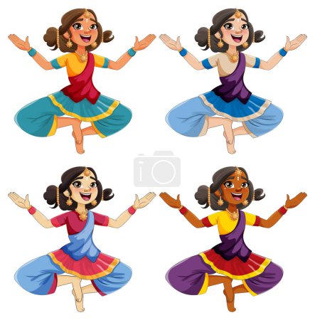 Téléchargez les illustrations : Personnages de dessins animés indiens dans la tenue culturelle traditionnelle illustration ensemble - en licence libre de droit