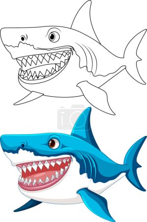 Illustration for A cartoon illustration of a great white shark with big teeth, swimming and outlined in vector art illustration - Royalty Free Image
