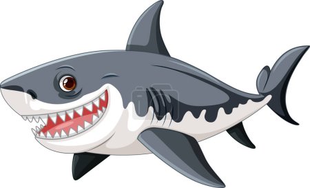 Téléchargez les illustrations : Illustration cartoon d'un grand requin blanc aux grandes dents, nageant et souriant isolé sur fond blanc - en licence libre de droit