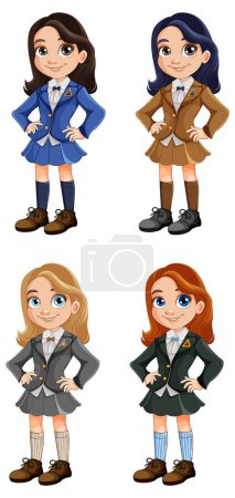 Illustration for Cute girl in different races student in uniform set illustration - Royalty Free Image