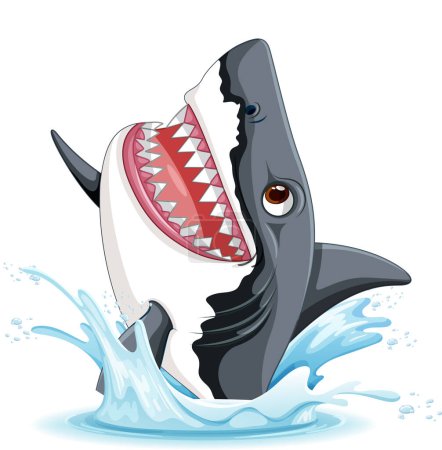 Téléchargez les illustrations : Une illustration de dessin animé d'un grand requin blanc avec de grandes dents bondissant hors de l'eau avec une illustration sourire - en licence libre de droit