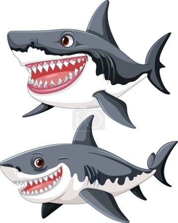 Ilustración de Una ilustración de dibujos animados de un gran tiburón blanco con dientes grandes nadando en diferentes colores ilustración - Imagen libre de derechos