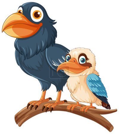 Illustration for A vector cartoon illustration of a raven and a kookaburra bird standing on a tree branch illustration - Royalty Free Image