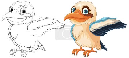 Ilustración de Un pájaro sonriente Kookaburra con un ala abierta, aislado sobre un fondo blanco en una ilustración vectorial de dibujos animados estilo ilustración - Imagen libre de derechos