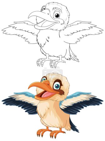 Téléchargez les illustrations : Illustration d'un oiseau Kookaburra souriant debout, les ailes ouvertes, isolé sur un fond blanc - en licence libre de droit