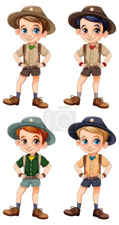 Illustration for Set of boy scout cartoon character illustration - Royalty Free Image