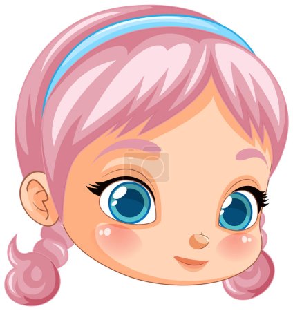 Téléchargez les illustrations : Tête de fille mignonne avec illustration de couleur de cheveux rose - en licence libre de droit