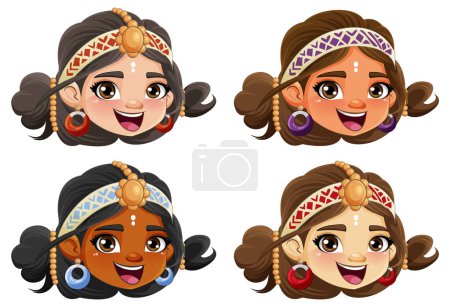 Téléchargez les illustrations : Ensemble de personnage de dessin animé indien visage illustration souriante - en licence libre de droit