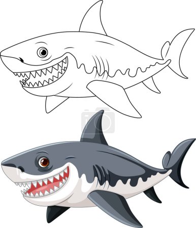 Téléchargez les illustrations : Illustration de dessin animé d'un grand requin blanc avec de grandes dents, nageant et dessinée dans une illustration d'art vectoriel - en licence libre de droit