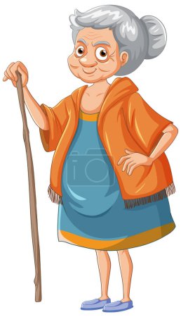 Ilustración de Amable personaje de dibujos animados de anciana con ilustración de palo leñoso - Imagen libre de derechos
