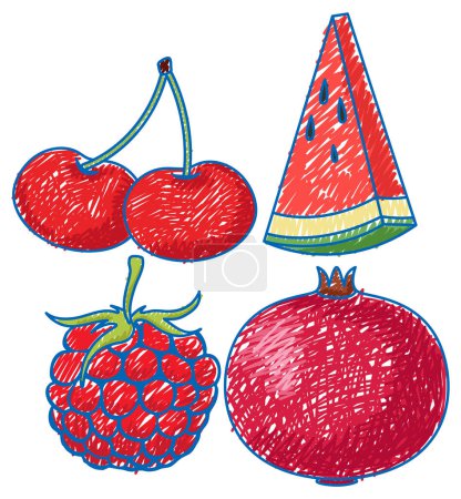 Téléchargez les photos : Fruits rouges au crayon Croquis de couleur Illustration de style simple - en image libre de droit