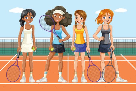 Téléchargez les illustrations : Femmes Joueuses de tennis Personnages dans la cour illustration - en licence libre de droit