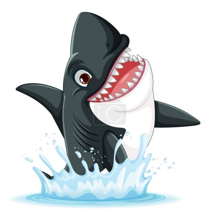 Téléchargez les illustrations : A vector cartoon illustration of a great white shark smiling with its big teeth, leaping out of the water - en licence libre de droit