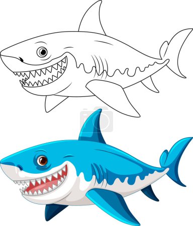 Téléchargez les illustrations : Une illustration de dessin animé d'un grand requin blanc avec de grandes dents souriant et nageant illustration - en licence libre de droit