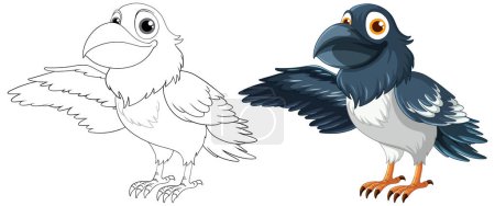 Téléchargez les illustrations : A vector cartoon illustration of a smiling raven standing with one open wing and its outline set isolated on white illustration - en licence libre de droit