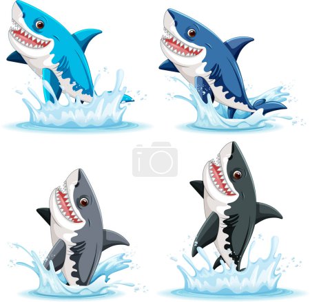 Téléchargez les illustrations : A cartoon illustration of a great white shark with big teeth, smiling and leaping out of the water illustration - en licence libre de droit
