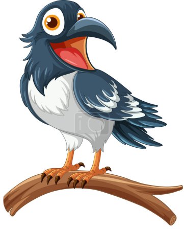 Ilustración de A cartoon raven is standing on a tree branch and smiling, isolated on a white background illustration - Imagen libre de derechos