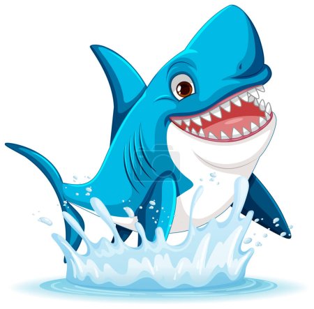 Téléchargez les illustrations : A vector cartoon illustration of a great white shark leaping out of the water with a big, toothy smile. - en licence libre de droit