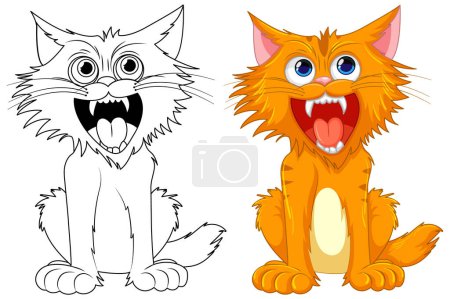 Illustration for A vector cartoon illustration of a cat with its mouth open and sharp teeth, isolated on a white background - Royalty Free Image
