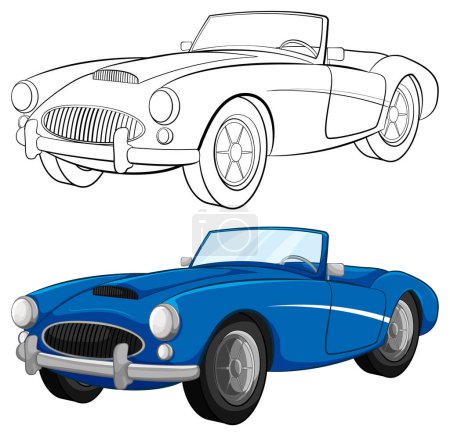 Téléchargez les illustrations : Isolé sur blanc, cette illustration vectorielle d'une voiture décapotable vintage bleue est parfaite pour les pages à colorier - en licence libre de droit
