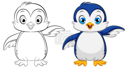 Illustration for A cartoon illustration of a cute baby penguin with one wing open, isolated on white - Royalty Free Image