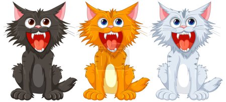 Illustration for Three cartoon cats with open mouths and sharp teeth, isolated on a white background - Royalty Free Image