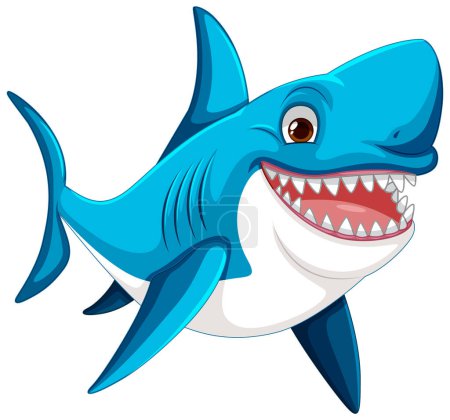 Téléchargez les illustrations : Illustration vectorielle d'un grand requin blanc aux grandes dents souriantes et nageant isolé sur blanc - en licence libre de droit