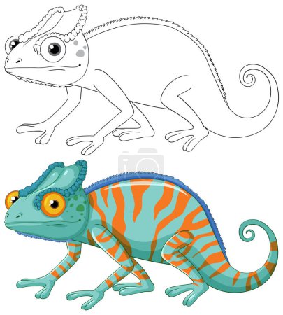 Téléchargez les illustrations : Cute colourful chameleon cartoon isolated doodle illustration - en licence libre de droit