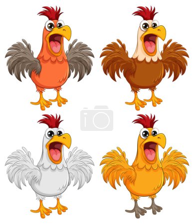 Téléchargez les illustrations : Quatre poulets de dessin animé paniquent, isolés sur un fond blanc - en licence libre de droit