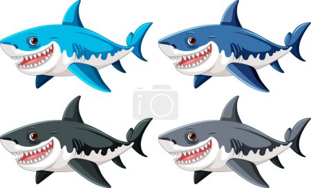 Ilustración de Una ilustración de dibujos animados de un gran tiburón blanco con dientes grandes, nadando en diferentes colores ilustración - Imagen libre de derechos