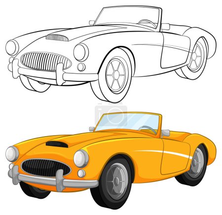 Téléchargez les illustrations : Isolé sur blanc, cette illustration vectorielle d'une voiture décapotable jaune vintage est parfaite pour les pages à colorier - en licence libre de droit