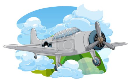 Ilustración de Una ilustración vectorial de dibujos animados de un avión militar de época volando en el cielo con un fondo de montaña - Imagen libre de derechos