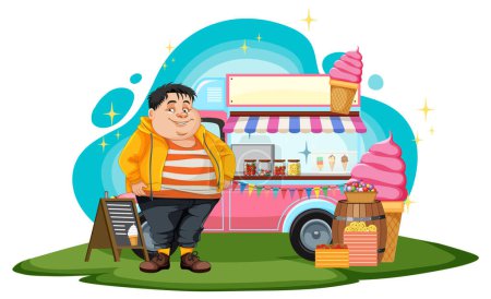 Ilustración de Hombre con sobrepeso delante de helado comida camión ilustración - Imagen libre de derechos